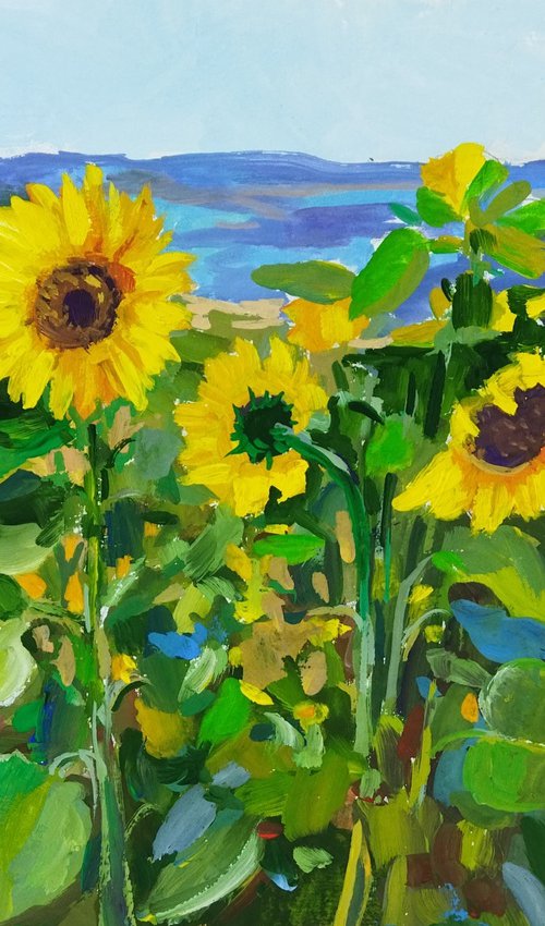 Sunflower field - Landscape - Gouache by Ann Krasikova