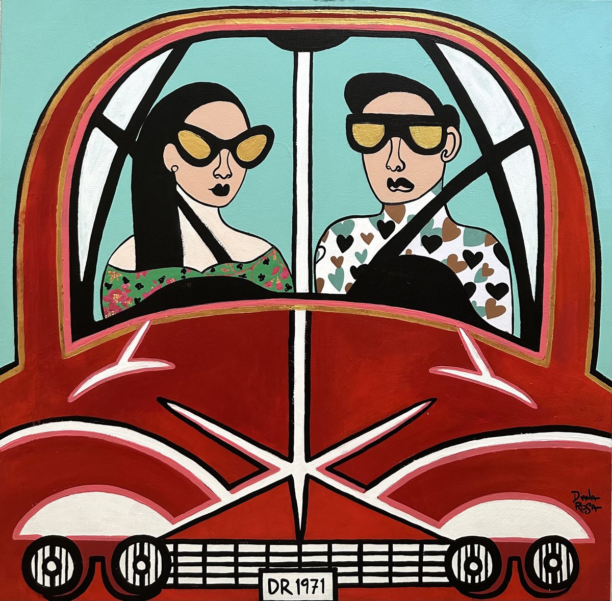 Illustrative Transport Acrylic Painting By Diana Rosa, 20 X 20, Summer Drive #2, Original Artwork