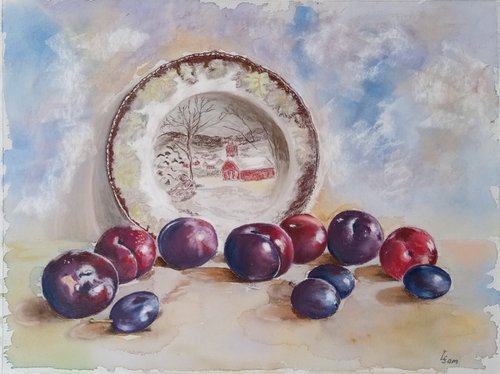 Plums rolled across the table by Liubov Samoilova