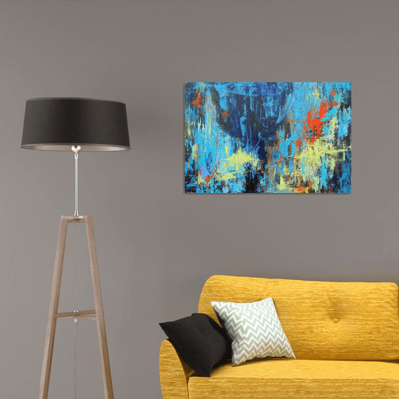 Large Abstract Landscape Painting. Blue, Red, Teal, Brown. Modern Textured Art