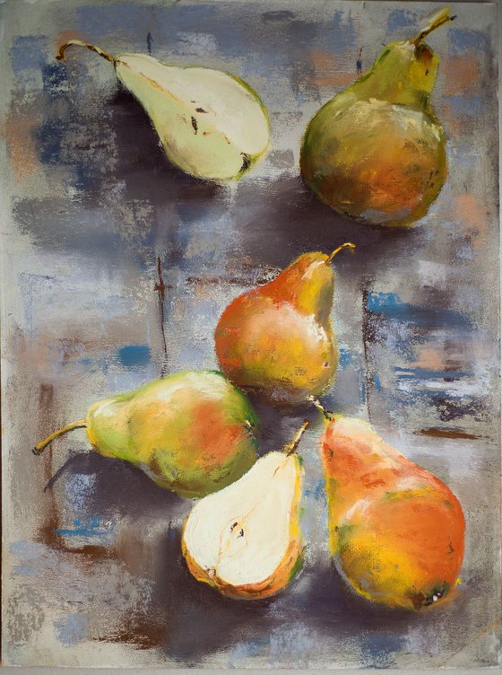 Fruits still life. Series. Small dry pastel colors orange green grey apples