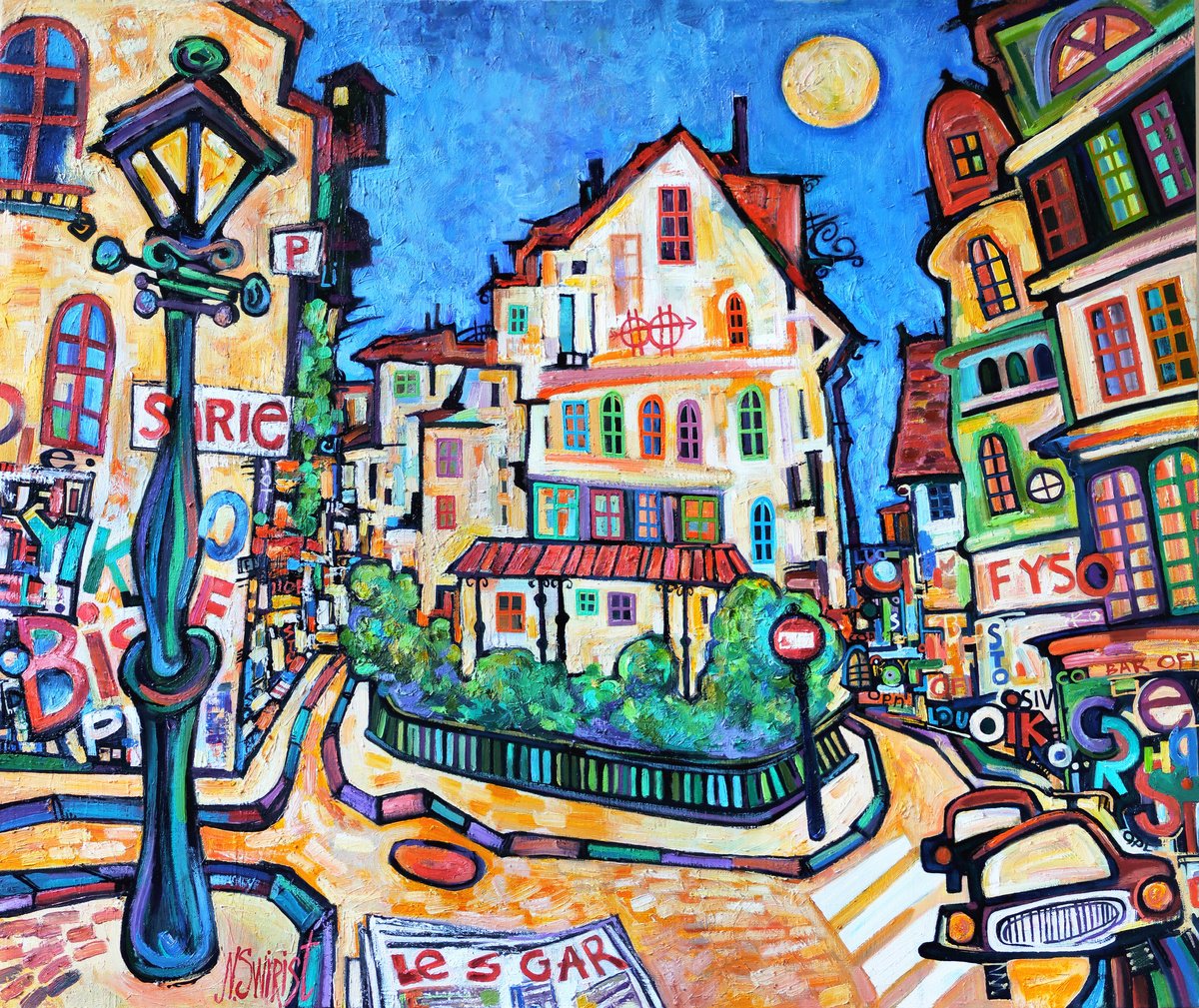 Impressionistic Landscape Oil Painting By Nikita Ostapenco, 37 X 31", Moon, Lantern And Yesterday
