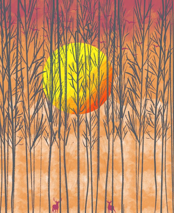 Orange Sunset, deer animal art