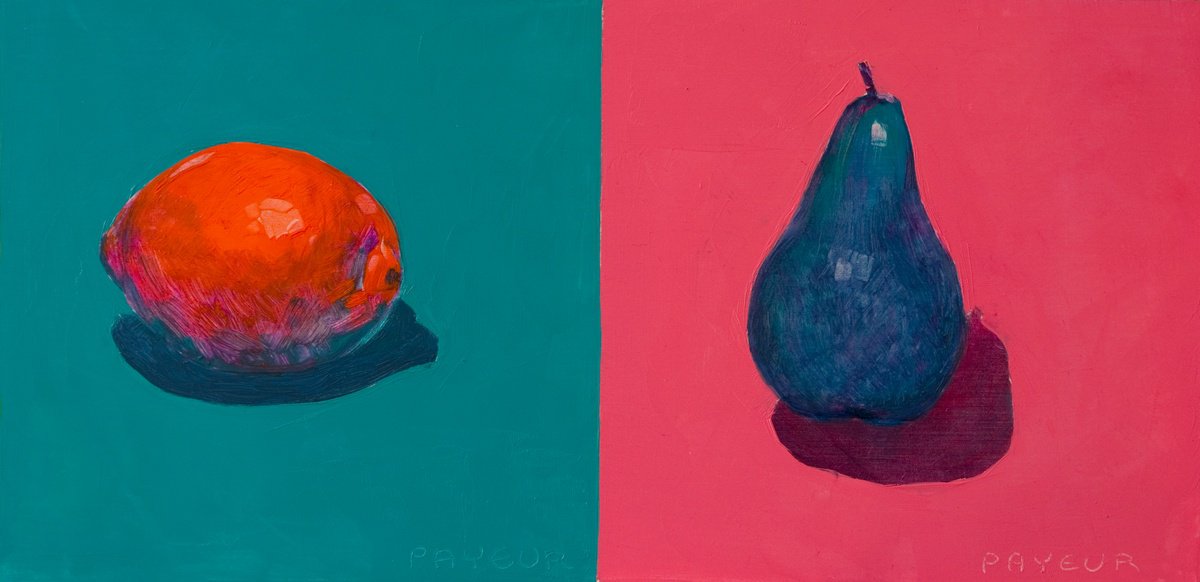modern pop art diptic of blue pear and red lemon on pink by Olivier Payeur