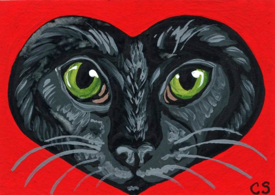 ACEO ATC Original Painting Black Cat Valentine Pet Art-Carla Smale