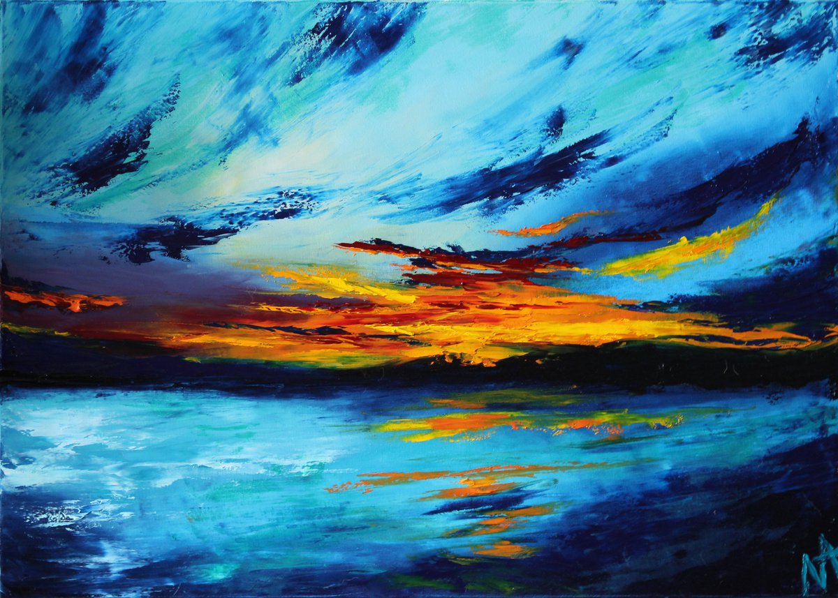 Abstract Landscape Oil Painting By Anastasiia Novitskaya, 28 X 20, Turquoise Sunset #2, Original Artwork