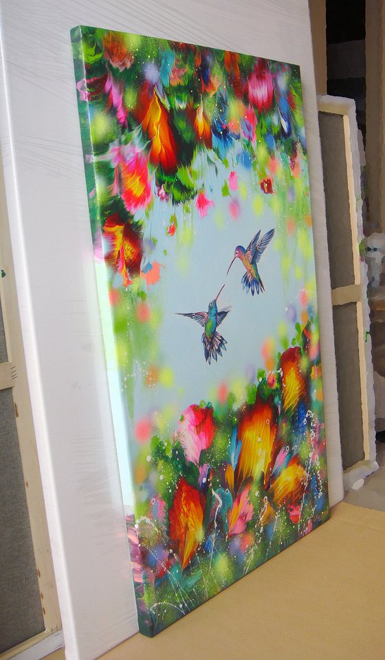 "Hummingbirds and Flowers" LARGE Abstract painting