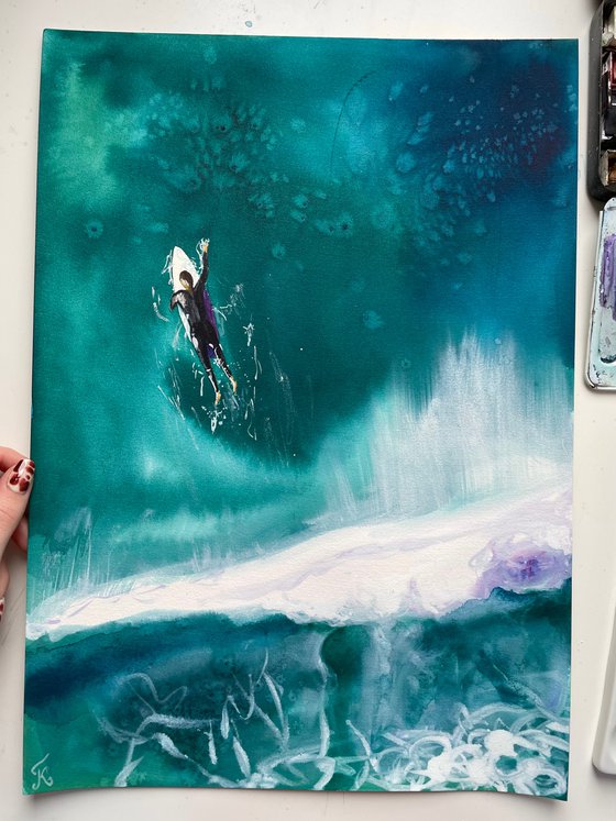 Surf Watercolor Painting, Surfing Original Artwork, Sea Ocean Art, Boho Decor, Summer Wall Art, Gift for Surfer