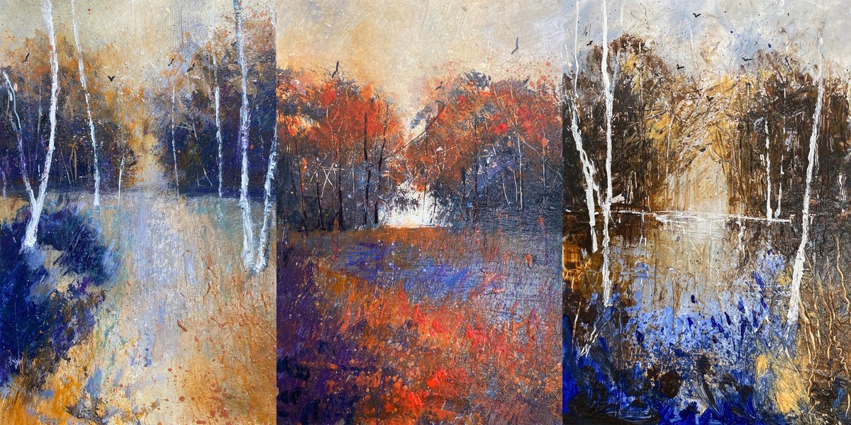 Impressionistic Landscape Acrylic Painting By Teresa Tanner, 6 X 3", Three Autumn Tree Scenes, Original Artwork