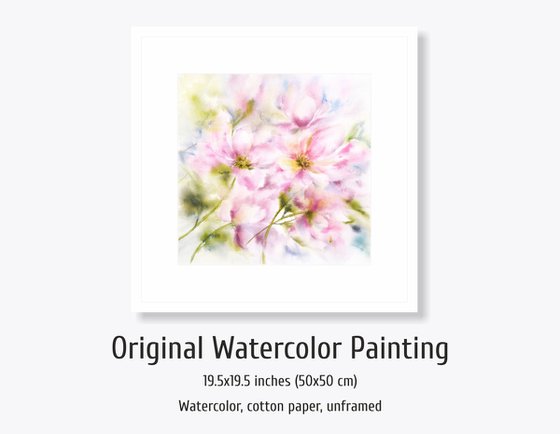 Peony bouquet. Pink loose flowers watercolor painting.