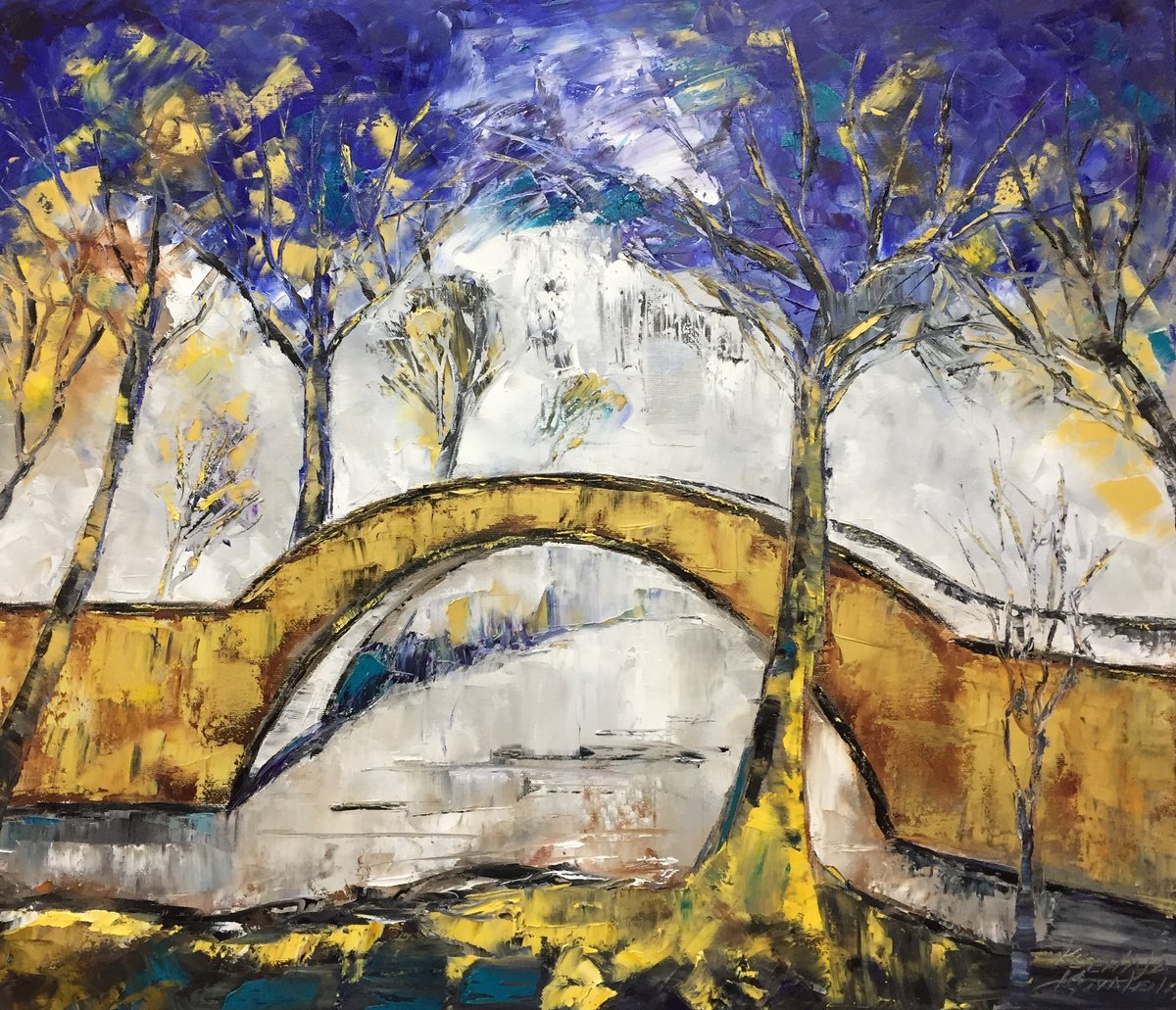 Golden bridge Painting Original Wall Art, Impasto Painting, Cityscape Art, Golden bridge A... by Kseniya Kovalenko