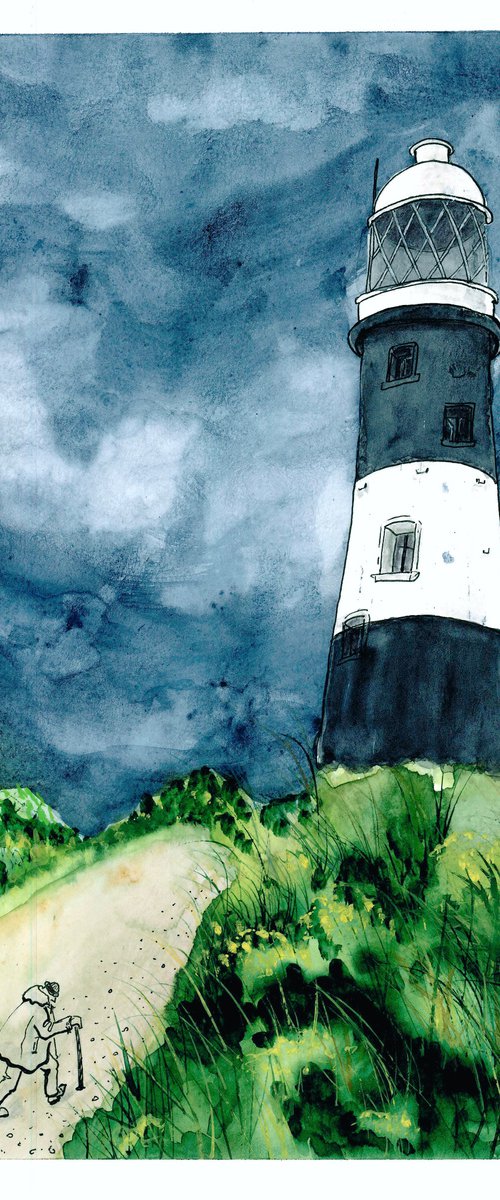 Landscape watercolor painting - Lighthouse and thunderstorm sky mixed media artwork - Gift idea for him     Gift idea by Olga Ivanova