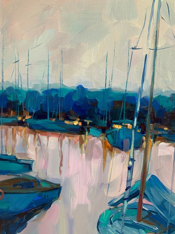Pink evening-painting with a yacht,travel relax