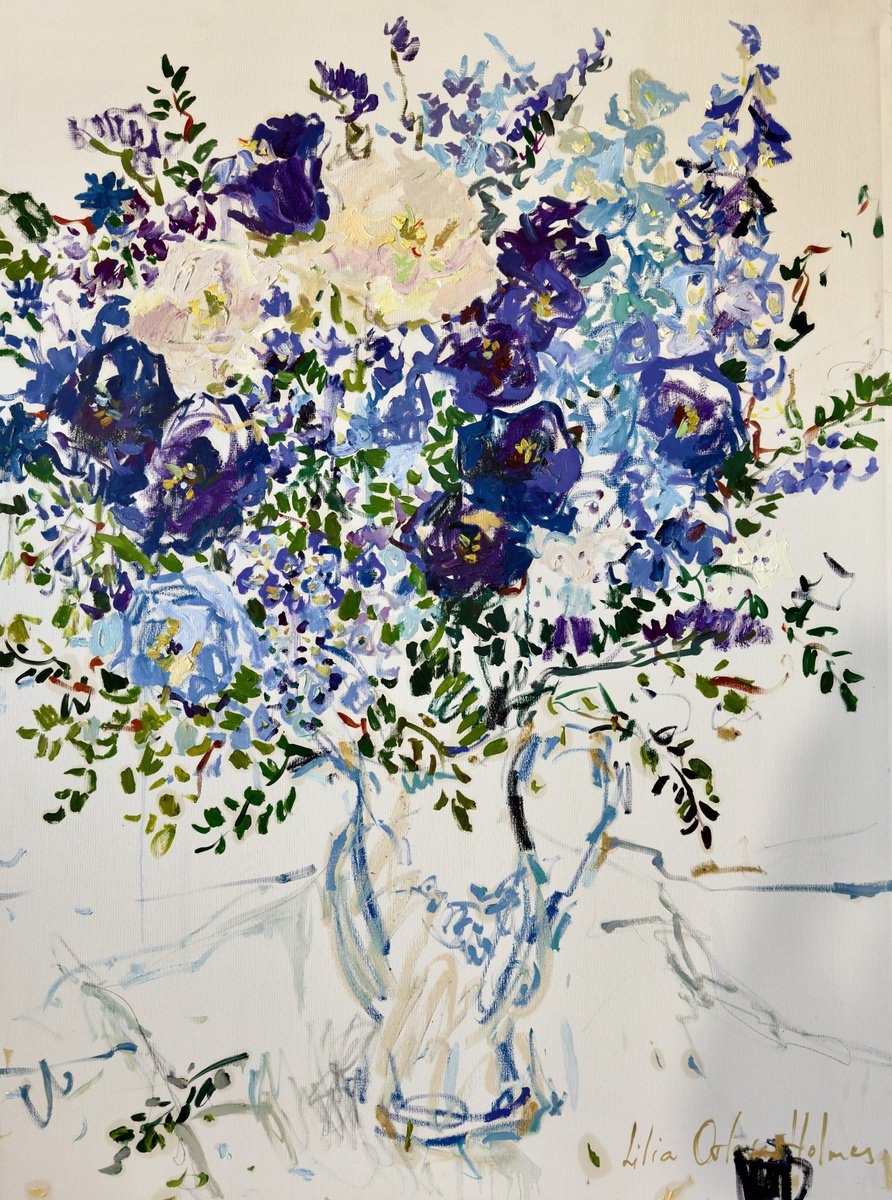 Expressive Botanical Oil Painting By Lilia Orlova-Holmes, 35 X 47", Blue Bouquet, Original Artwork