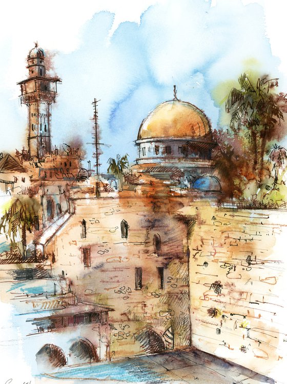 Jerusalem, Wailing Wall - Architecture Sketch Mixed Media