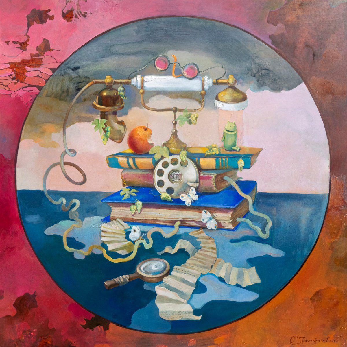 Surrealistic Botanical Oil Painting By Anastasiia Grygorieva, 39 X 39, Education, Original Artwork