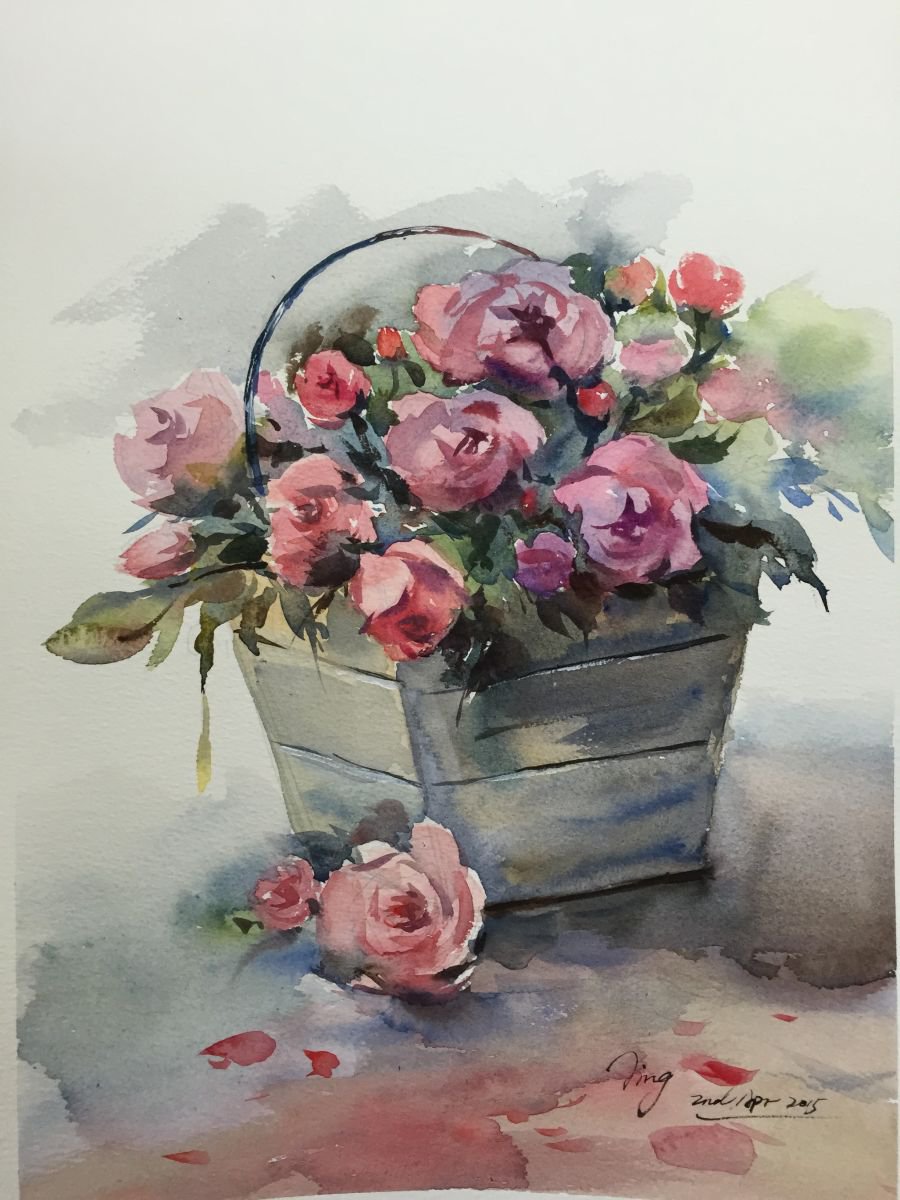 Impressionistic Botanical Watercolour By Jing Chen, 12 X 17, Basket Of Roses, Original Artwork