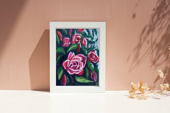 Rose Original Panting, Oil Pastel Painting, Hand Painted Card, Gifts for Her, Dark Floral Wall Art