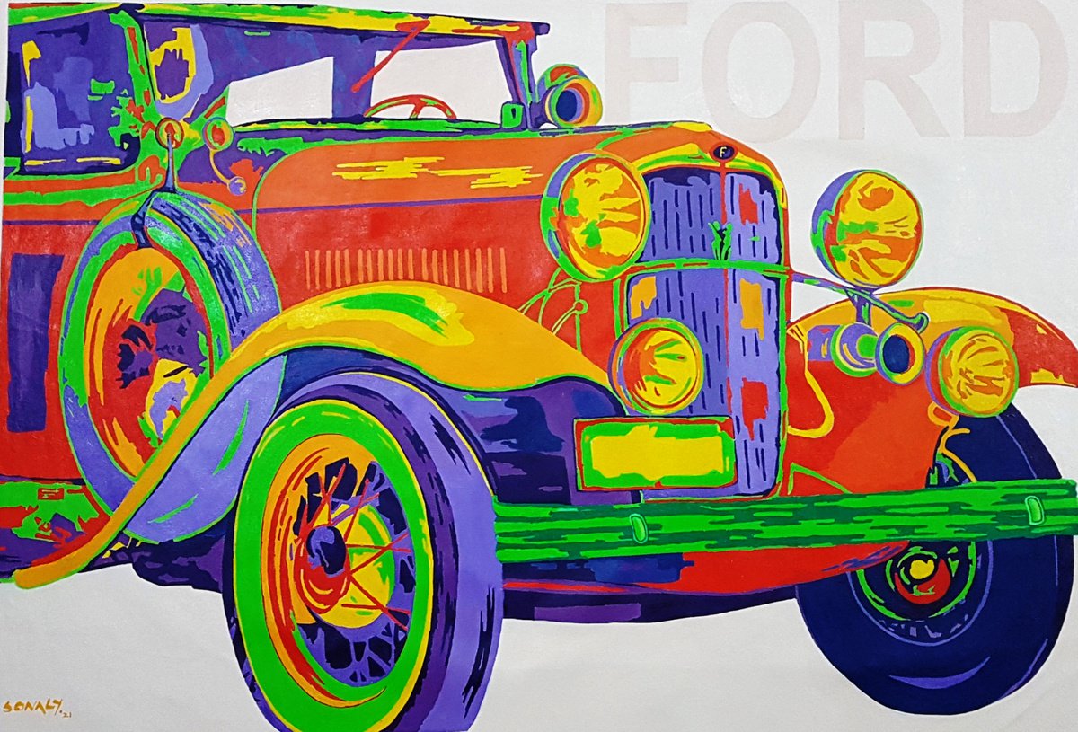 Urban And Pop Transport Acrylic Painting By Sonaly Gandhi, 50 X 35", Automobiles - Classic Meets Pop - Ford, Original Artwork