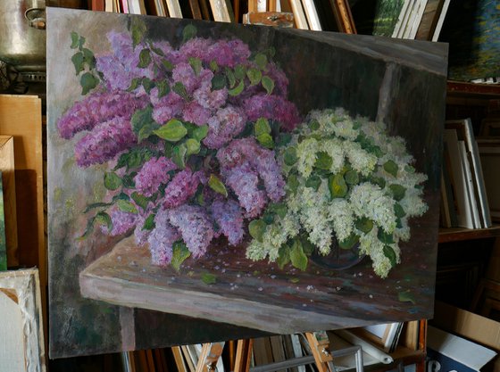 Lush Bouquets Of Lilacs On The Bench In The Garden - original floral spring oil painting on canvas