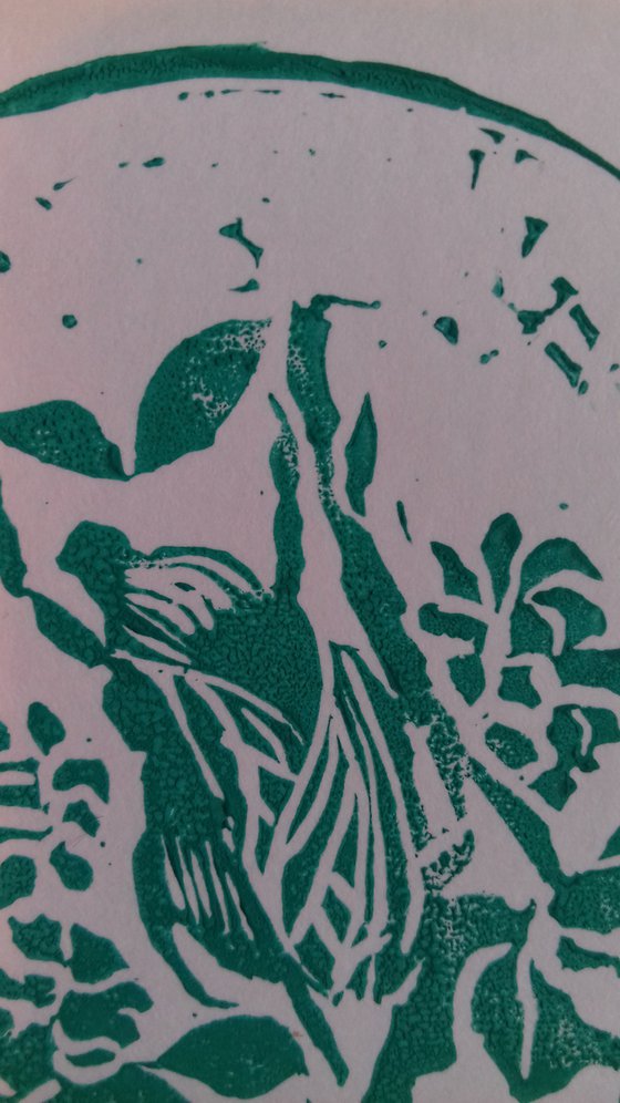 Bumble Bee and Bramble Linocut. Green.