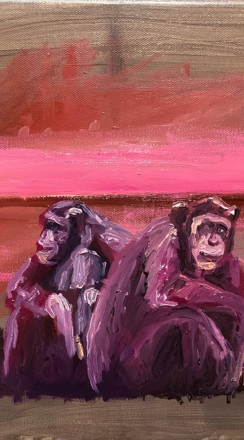 Two Chimpanzees At Sunset by Ryan  Louder