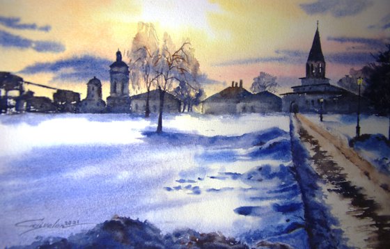 Winter landscape watercolor original painting