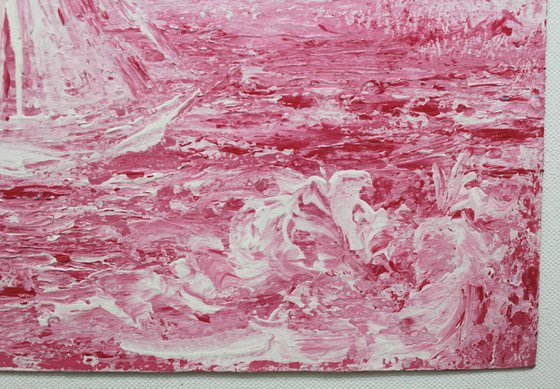 Sail - Impressionistic Seascape painting of a sail boat on acrylic paper - Pink seascape