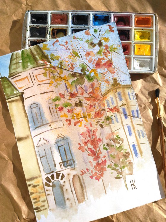 Lviv Painting Ukraine Original Art Fall Small Watercolor Artwork Cityscape Wall Art 8 by 12" by Halyna Kirichenko