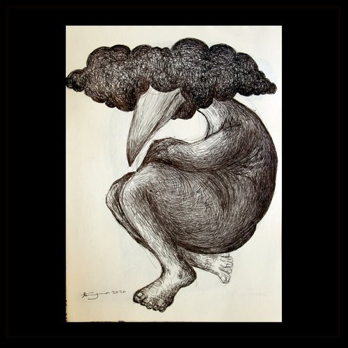 Small Drawings 3: (Thinker), pen on paper, 21 x 29 cm by Jamaleddin Toomajnia