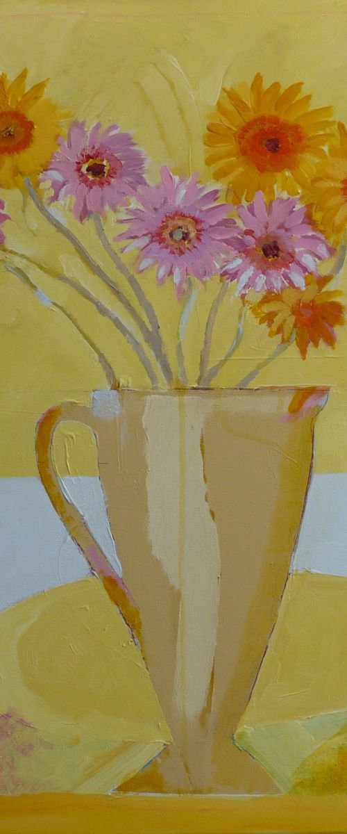 Gerbera flowers in old stone jug by Peter Park