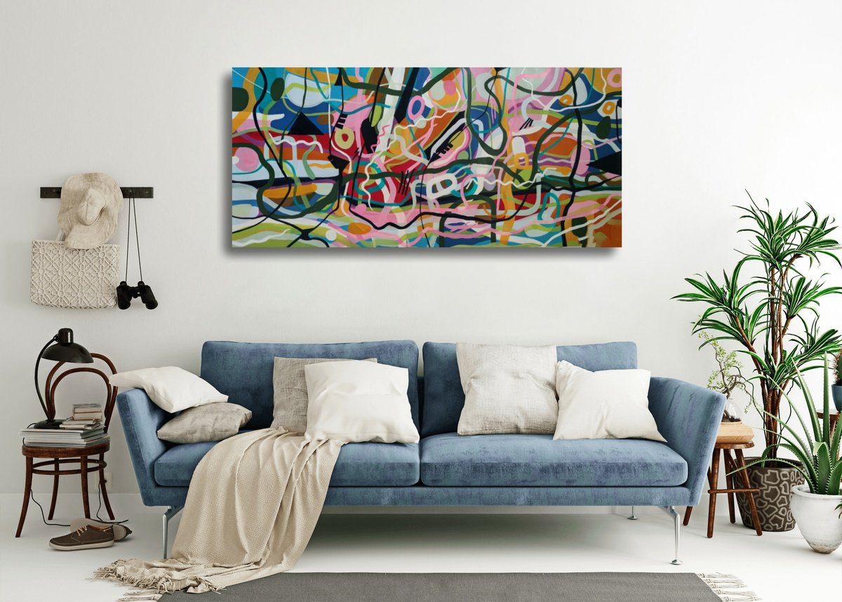Abstract Oil Painting By Chrissy Guest, 35 X 68, A Tapestry Of Moments, Original Artwork