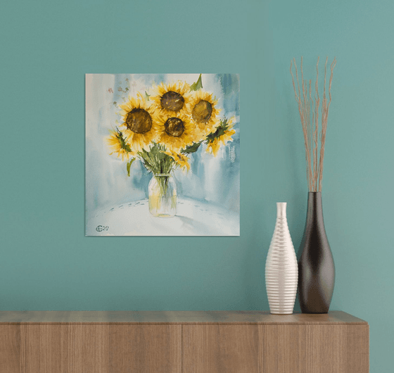 Sunflowers on turquoise. Medium format watercolor painting. Original bright interior provence decor yellow light gift