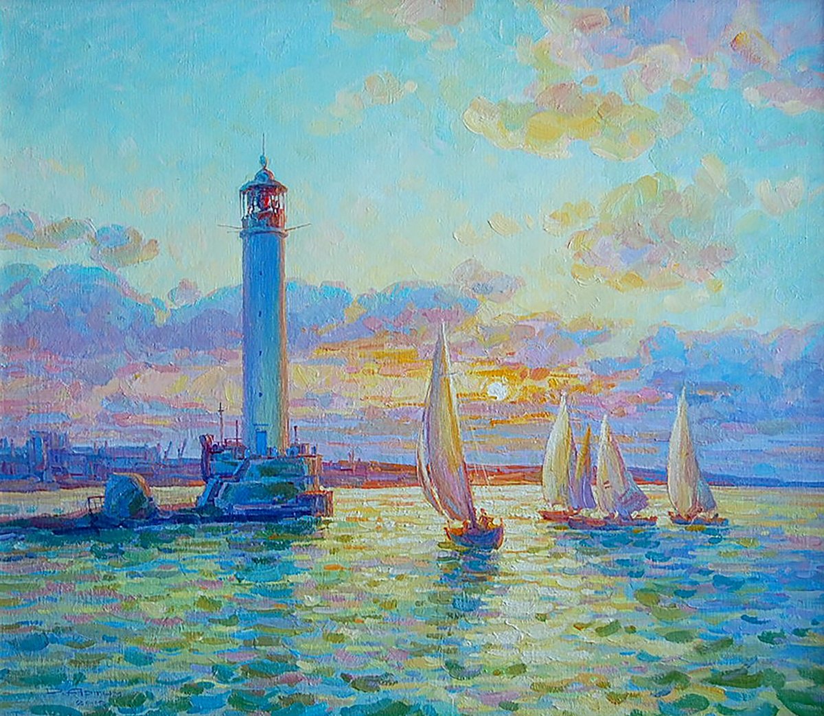 Impressionistic Landscape Oil Painting By Dmitry And Olga Artym, 35 X 31, Odessa. Vorontsovsky Lighthouse, Original Artwork