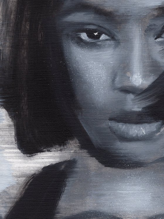Naomi | Black and white oil painting on paper | beautiful powerful make up fashion afro muse vibe woman lady