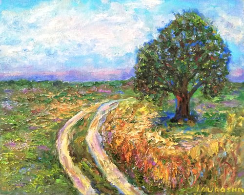"The Country Road"  10x12 in. (24x30 cm) Tuscany Original Oil on Canvas Meadow Landscape Artwork by Katia Ricci