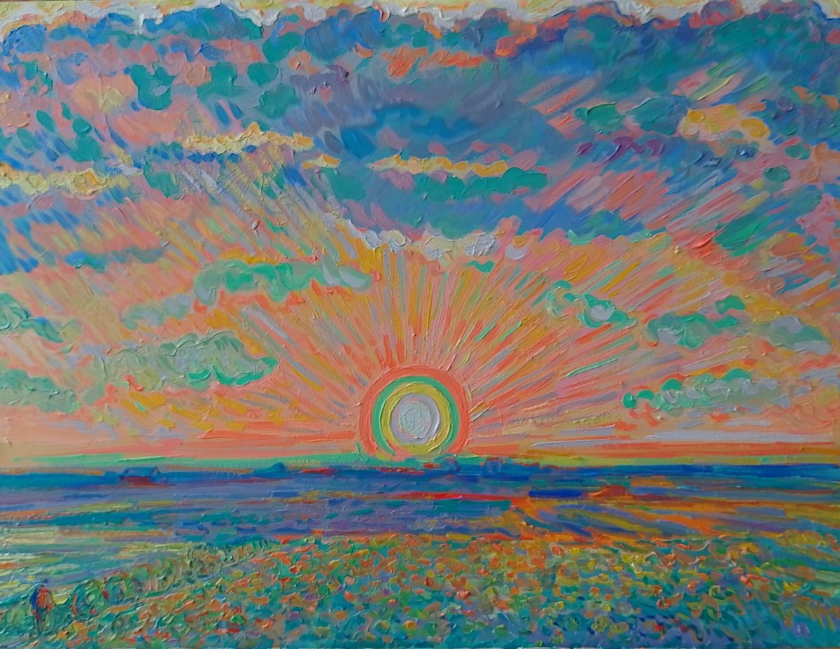 Impressionistic Landscape Oil Painting By Nigel Dickerson, 17 X 13", Sunset, Original Artwork