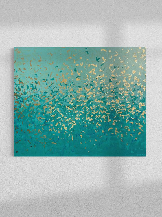 Turquoise Bay - 48" x 40" - metallic gold and acrylic on canvas