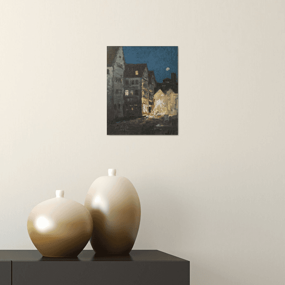 Original Oil Painting Wall Art Signed unframed Hand Made Jixiang Dong Canvas 25cm × 20cm Cityscape One Night in Tübingen Small Impressionism Impasto