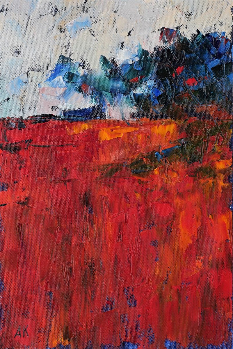 Expressive Landscape Oil Painting By Alfia Koral, 8 X 12, Red Field, Original Artwork