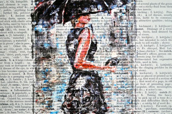 Lady in Black -  Collage Art on Large Real English Dictionary Vintage Book Page