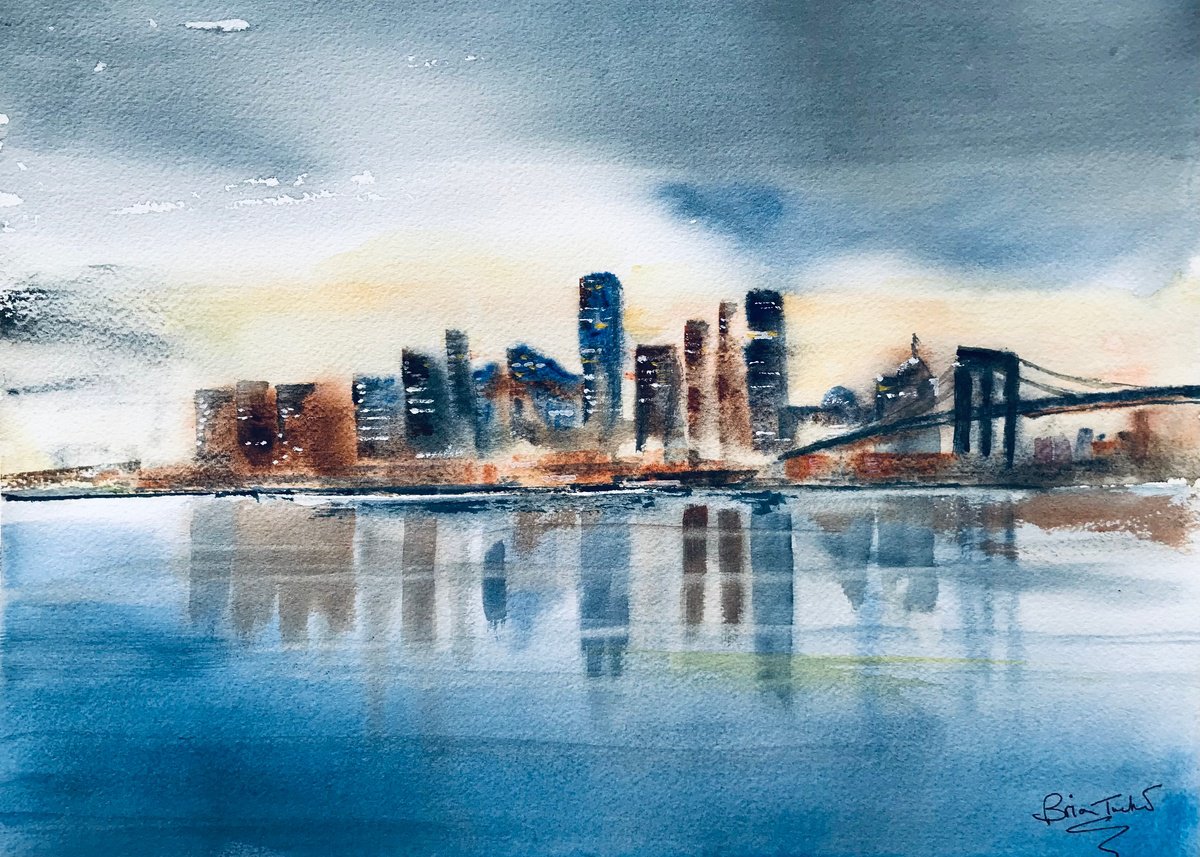 Impressionistic Watercolour , New York Near Brooklyn Bridge By Brian Tucker, 15 X 11, Artwork For Sale On Artfinder