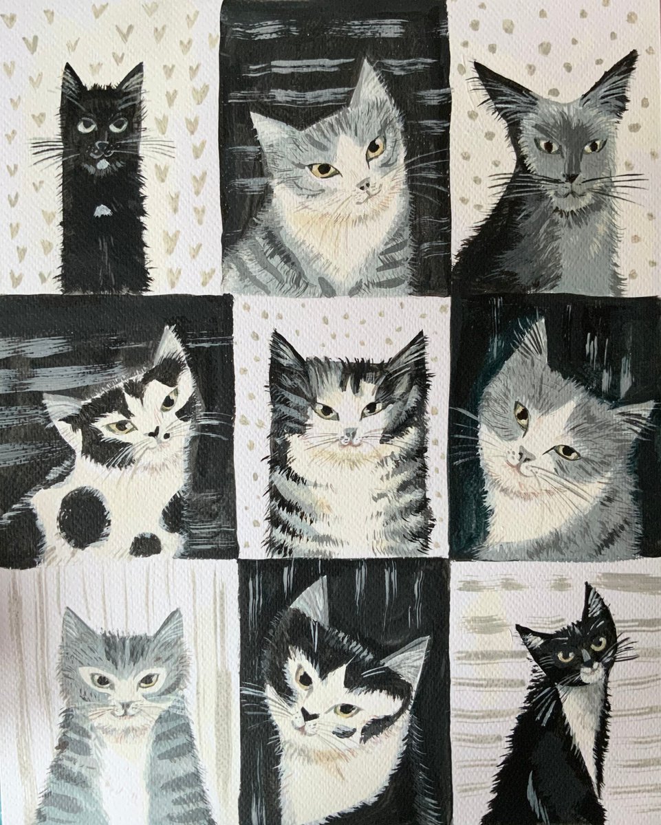 Illustrative Acrylic Painting , Nine Lives Cat Painting By Mary Stubberfield, 9 X 12, Artwork For Sale On Artfinder