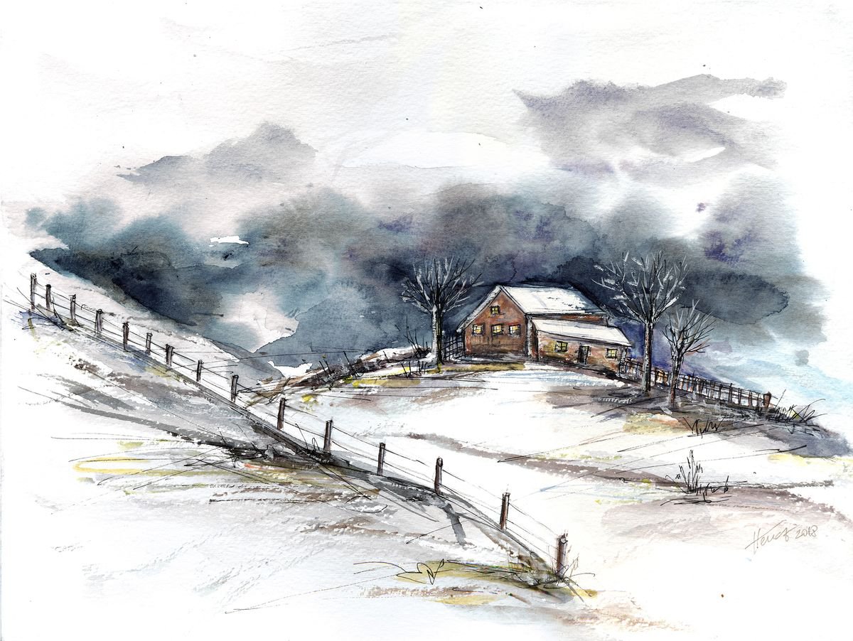 Winter clouds - original watercolor painting by Aniko Hencz