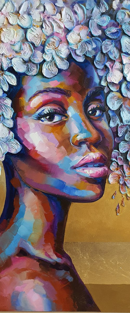 Black girl with white flowers by Viktoria Lapteva