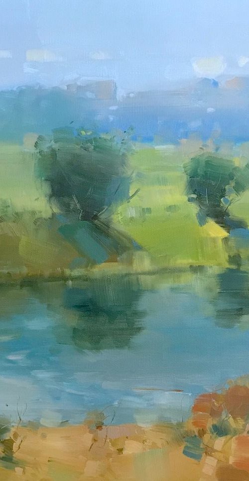 Summer lake, Landscape oil painting, Handmade artwork, by Vahe Yeremyan