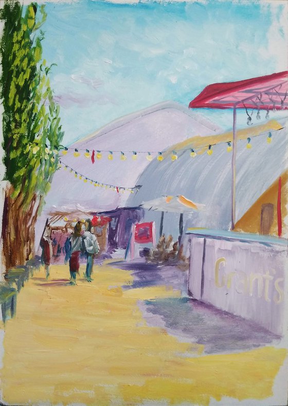The food court at the city festival. Pleinair painting