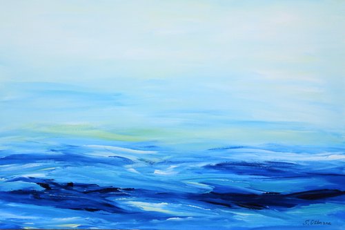 Large Abstract Seascape Painting #810-41. Blue, grey, teal, white. Beach, ocean, waves, sky with clouds. by Sveta Osborne