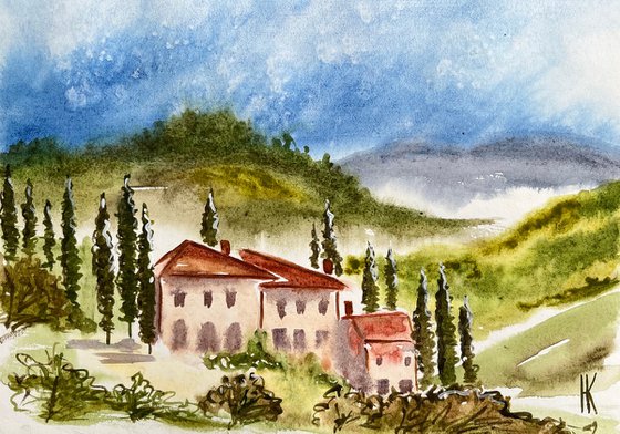 Tuscany Painting Italy Original Art Farm House Watercolor Poplar Tree Artwork Small Landscape Wall Art 12 by 8 inches