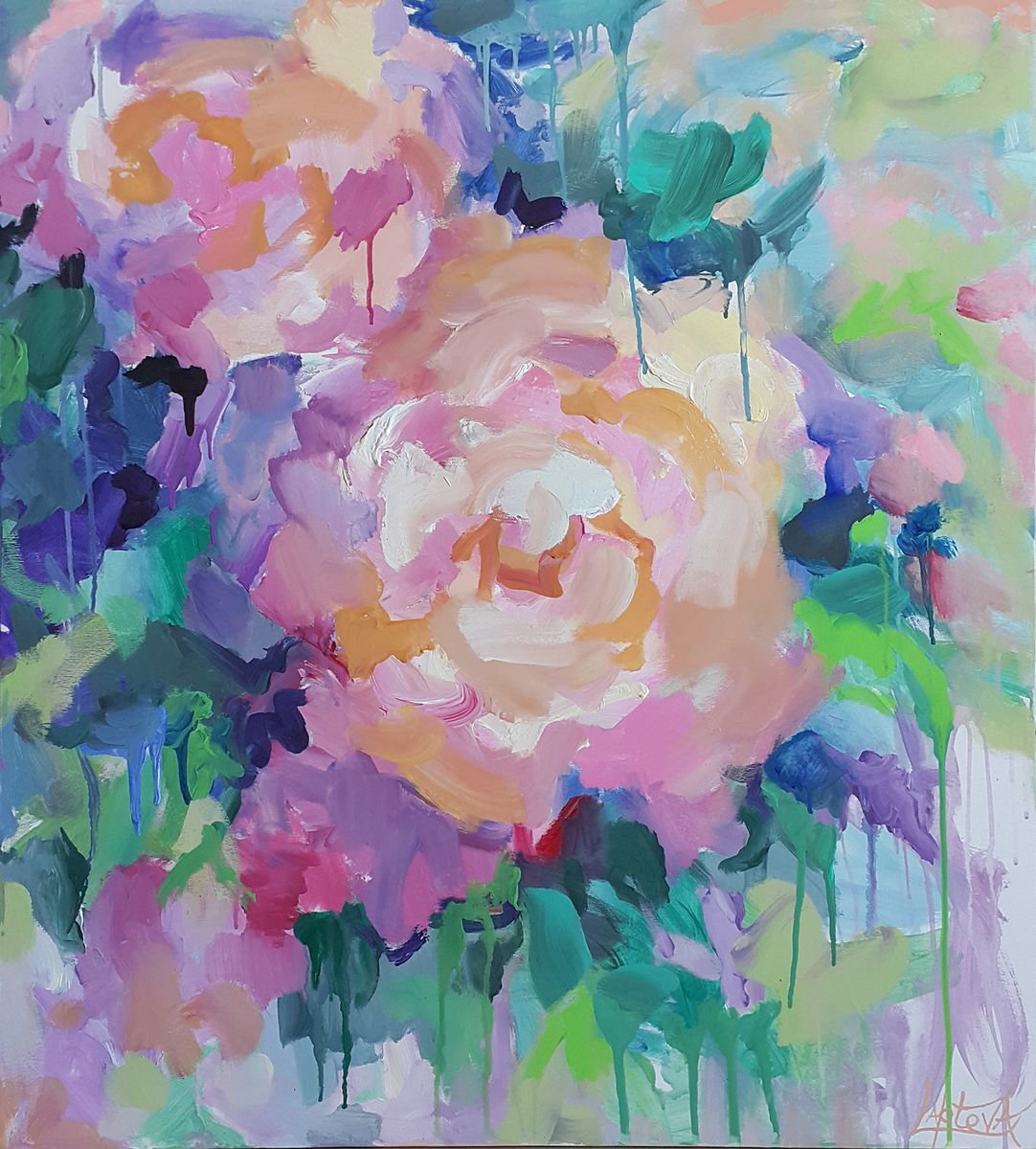 Organic Botanical Acrylic Painting By Viktoria Lapteva, 35 X 39", Roses, Original Artwork